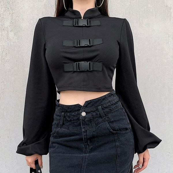 solid black stand neck women blouse 2020 autumn lady short-length plastic buckle puff long sleeve cool hipster blusa goth top, White
solid black stand neck women blouse 2020 autumn lady short-length plastic buckle puff long sleeve cool hipster blusa goth top, White