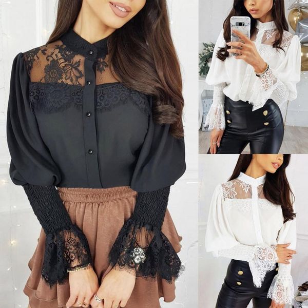 women blouse hollow out solid long sleeve stand collar lace shirt ladies see through fashion g35, White
women blouse hollow out solid long sleeve stand collar lace shirt ladies see through fashion g35, White