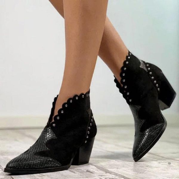 women's autumn 2020 snake print ankle boots fashion pu leather rivet ladies shoes slip on pointed toe female mid heels footwear, Black
women's autumn 2020 snake print ankle boots fashion pu leather rivet ladies shoes slip on pointed toe female mid heels footwear, Black
