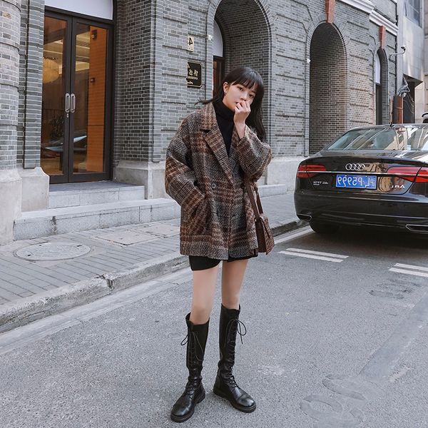 women's suit woolen autumn and winter plaid korean style blazer collar coat button craft short femal jacket c13, Black
women's suit woolen autumn and winter plaid korean style blazer collar coat button craft short femal jacket c13, Black