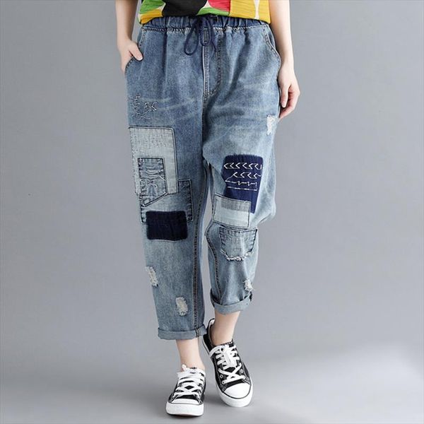 fashion patchwork denim pants 2020 summer new elastic waist hole tie casual ankle length women vintage jeans pants, Black;white
fashion patchwork denim pants 2020 summer new elastic waist hole tie casual ankle length women vintage jeans pants, Black;white