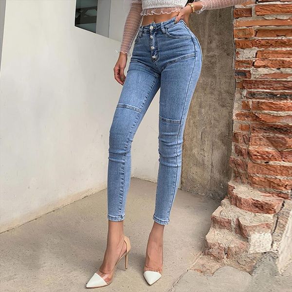 

spring summer 2020 new jeans womens high waist stretch hip slim fit skinny skinny feet nine points pencil pants, Blue