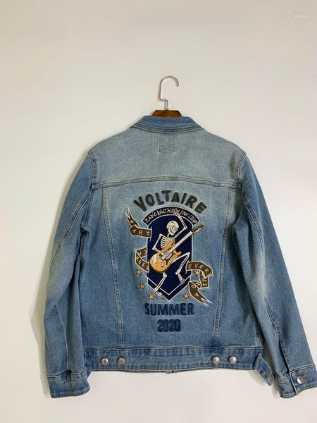 woman blue washed denim jacket 2020 summer skull playing guitar embroidered front chest pockets long sleeves coat1, Black;brown
woman blue washed denim jacket 2020 summer skull playing guitar embroidered front chest pockets long sleeves coat1, Black;brown