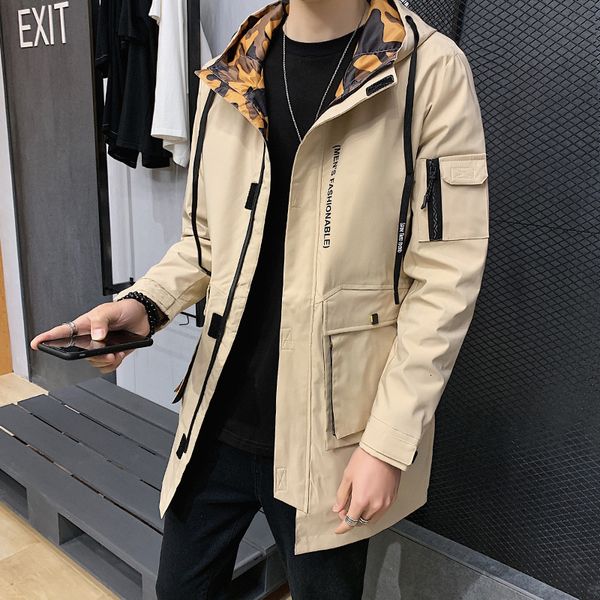 men's spring autumn fattening plus size medium and long hooded windbreaker for young men, Tan;black
men's spring autumn fattening plus size medium and long hooded windbreaker for young men, Tan;black