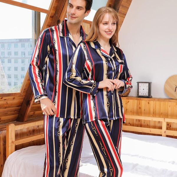 2021 new faux silk satin pajamas set men women colorful stripes sleepwear nightwear long sleeve pyjamas couple's home clothing, Black;brown
2021 new faux silk satin pajamas set men women colorful stripes sleepwear nightwear long sleeve pyjamas couple's home clothing, Black;brown