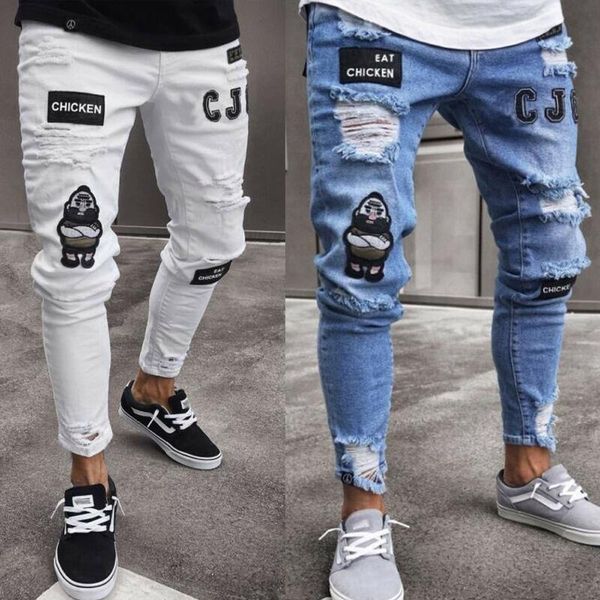 men's jeans men ripped super skinny fit zipper denim pant destroyed frayed trousers cartoon gothic style clothes, Blue 
men's jeans men ripped super skinny fit zipper denim pant destroyed frayed trousers cartoon gothic style clothes, Blue