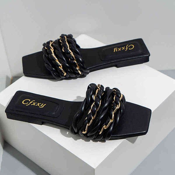 slippers women's slippers fashion woven chain design open toe outdoors flat sandals luxurious temperament black woman shoes 220307
slippers women's slippers fashion woven chain design open toe outdoors flat sandals luxurious temperament black woman shoes 220307