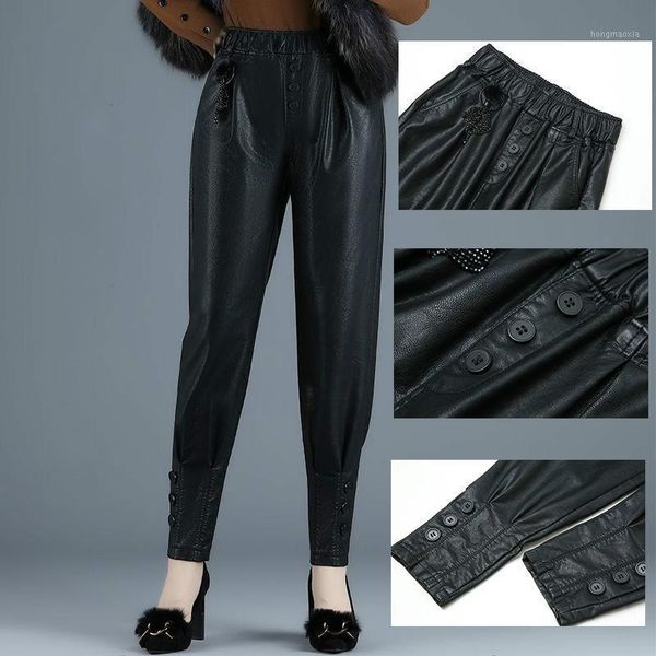 autumn winter women 2021 new fashion high elastic waist button long trousers female korean vintage faux leather harem pants s671, Black;white
autumn winter women 2021 new fashion high elastic waist button long trousers female korean vintage faux leather harem pants s671, Black;white