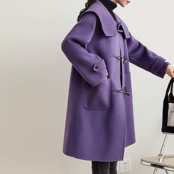 navy collar double-sided cashmere overcoat women's mid long 2021 new autumn and winter cattle horn button wool overcoat1, Black
navy collar double-sided cashmere overcoat women's mid long 2021 new autumn and winter cattle horn button wool overcoat1, Black