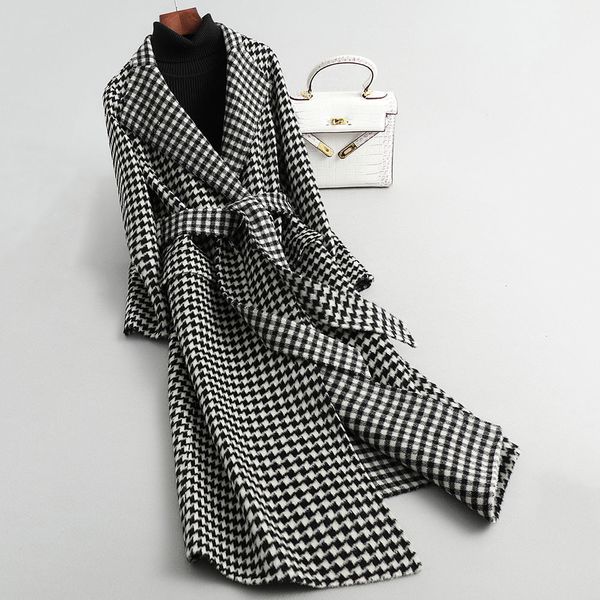 women long plaid woolen coat 2020 new arrivals houndstooth waistband coats, Black 
women long plaid woolen coat 2020 new arrivals houndstooth waistband coats, Black
