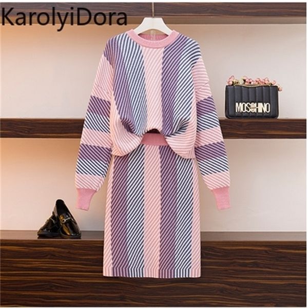 women's suit autumn winter irregular striped knitted sweater pullovers and bodycon pencil skirts 2 pieces sets women warm suit 201130, White;black
women's suit autumn winter irregular striped knitted sweater pullovers and bodycon pencil skirts 2 pieces sets women warm suit 201130, White;black