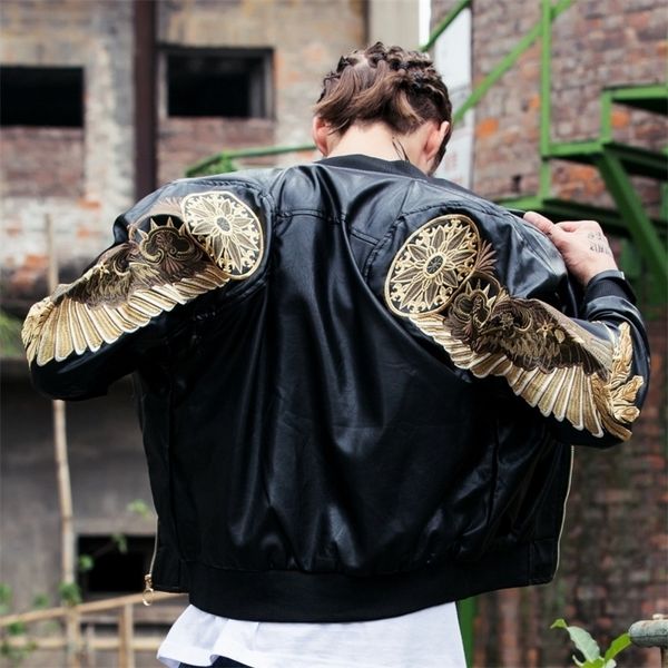 autumn winter classic brand men bomber leather jackets red black pu outwear gold wings embroidery punk motorcycle slim coat 201223
autumn winter classic brand men bomber leather jackets red black pu outwear gold wings embroidery punk motorcycle slim coat 201223