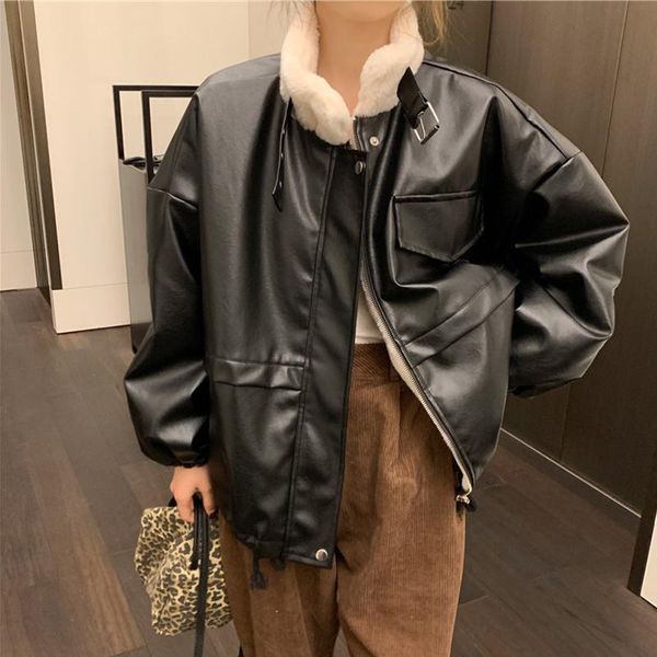 women's leather & faux women pu jacket autumn winter streetwear loose stand-up collar plus velvet thickening warm coat abrigos para muj, Black
women's leather & faux women pu jacket autumn winter streetwear loose stand-up collar plus velvet thickening warm coat abrigos para muj, Black