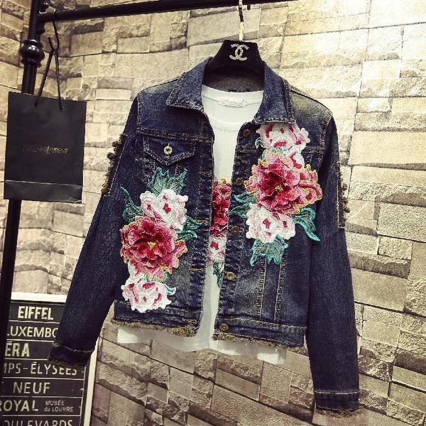 new denim jacket coat for women spring autumn hole peony embroidery long sleeve outwear all-match casual students jeans jackets, Black;brown
new denim jacket coat for women spring autumn hole peony embroidery long sleeve outwear all-match casual students jeans jackets, Black;brown
