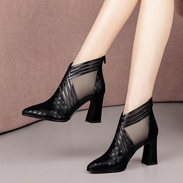 boots high heels women spring autumn pointed toe ankle shoes heel block for fashion, Black