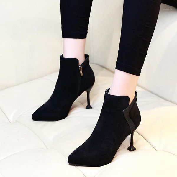 autumn stiletto thin high heels zipper style womens boots pointed toe flock leather black ankle boot shoes woman g01461
autumn stiletto thin high heels zipper style womens boots pointed toe flock leather black ankle boot shoes woman g01461