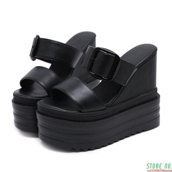 buckle summer shoes women roman sandals wedges high heels peep toe platform shoes black white