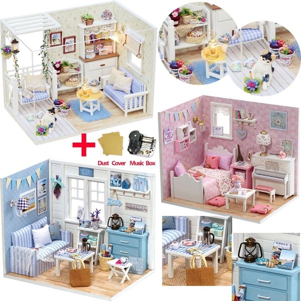 Doll House Furniture Diy Miniature Model Dust Cover 3d Wooden Dollhouse Christmas Gifts Toys For Children Kitten Diary H013 #e Y200413