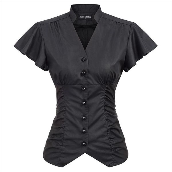 summer shirt women pure color renaissance punk short sleeve v neck pleated shirt ladies elegant gothic rock medieval blouse, White 
summer shirt women pure color renaissance punk short sleeve v neck pleated shirt ladies elegant gothic rock medieval blouse, White