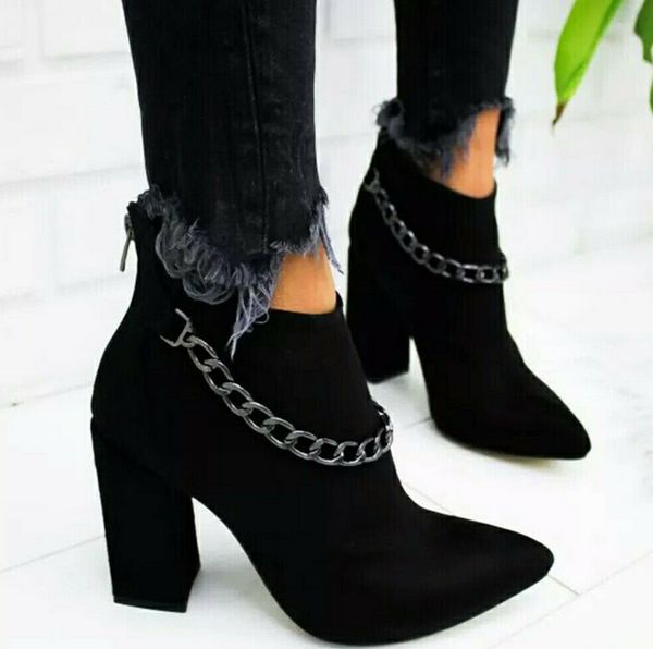ladies pointed high heel toe ankle boots women's autumn winter suede thick heel metal chain short zipper boots, Black
ladies pointed high heel toe ankle boots women's autumn winter suede thick heel metal chain short zipper boots, Black