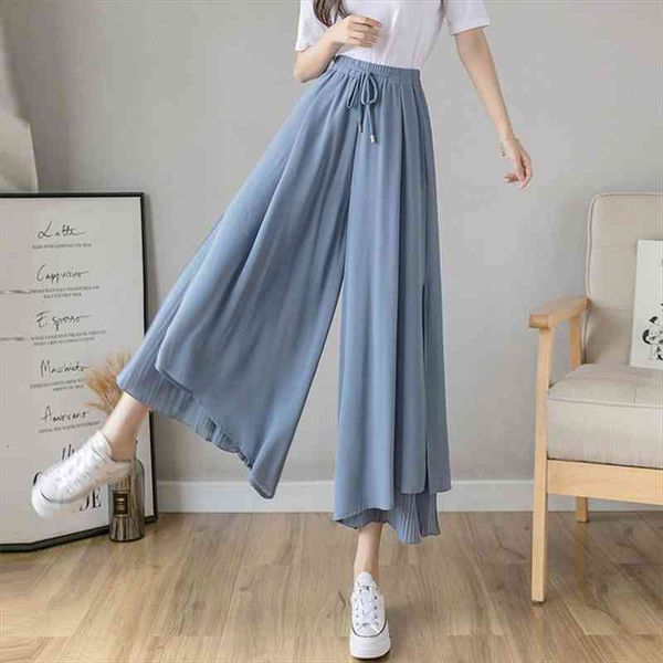 summer chiffon wide leg pants women fashion side split fork pleated splice loose ankle-length pants thin solid beach culottes, Black;white
summer chiffon wide leg pants women fashion side split fork pleated splice loose ankle-length pants thin solid beach culottes, Black;white