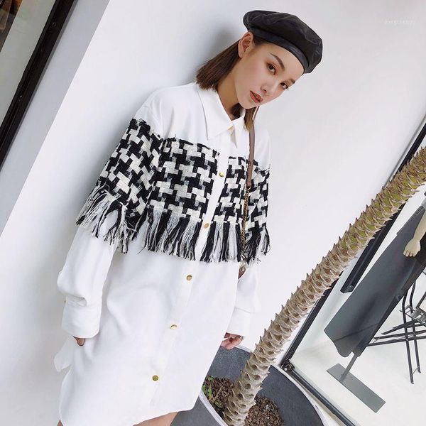 2020 new fashion plaid tassel patchwork long type blouse female's long sleeve white casual shirt vestido spring v2301 
2020 new fashion plaid tassel patchwork long type blouse female's long sleeve white casual shirt vestido spring v2301