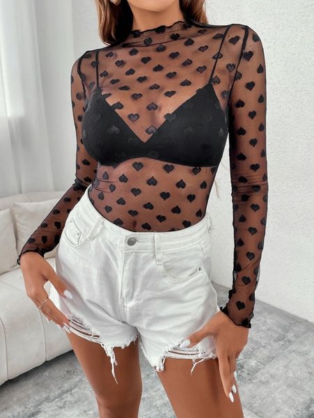 heart pattern lettuce trim sheer without bra b9lx#, White
heart pattern lettuce trim sheer without bra b9lx#, White