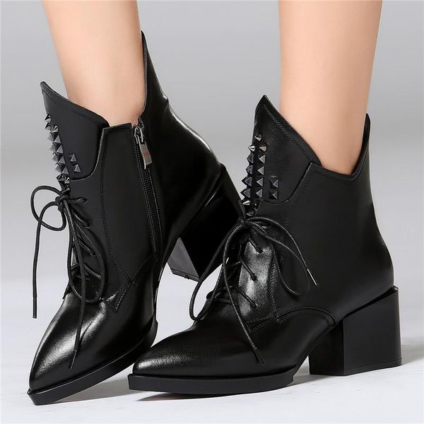 boots british style fall pointed high heel cow leather ankle cross-tied rivet women shoes flat platform short booties size 30-44, Black
boots british style fall pointed high heel cow leather ankle cross-tied rivet women shoes flat platform short booties size 30-44, Black
