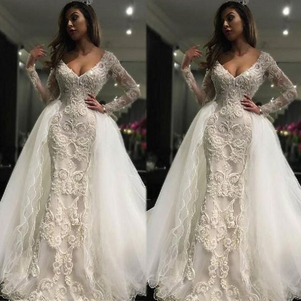deep v neck long sleeves wedding dresses with detachable train 3d lace appliques mermaid wedding gowns tulle illusion vintage bridal dress, White
deep v neck long sleeves wedding dresses with detachable train 3d lace appliques mermaid wedding gowns tulle illusion vintage bridal dress, White