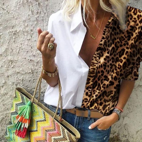 women summer shirt v neck lapel leopard print contrast women long sleeve shirt casual loose ladies plus size, White
women summer shirt v neck lapel leopard print contrast women long sleeve shirt casual loose ladies plus size, White
