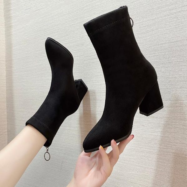 women square heel boots high heel flock ankle boots women temperament elegant party dress pointed toe short 2020 new, Black
women square heel boots high heel flock ankle boots women temperament elegant party dress pointed toe short 2020 new, Black