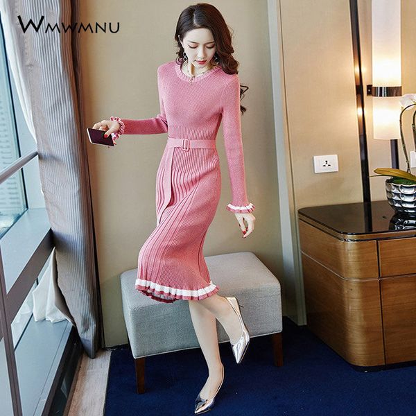 solid ruffles slim o-neck knitted midi dresses women new fall winter bottoming sweater dress elegant sashes dress pink blue 201126, Black;gray
solid ruffles slim o-neck knitted midi dresses women new fall winter bottoming sweater dress elegant sashes dress pink blue 201126, Black;gray