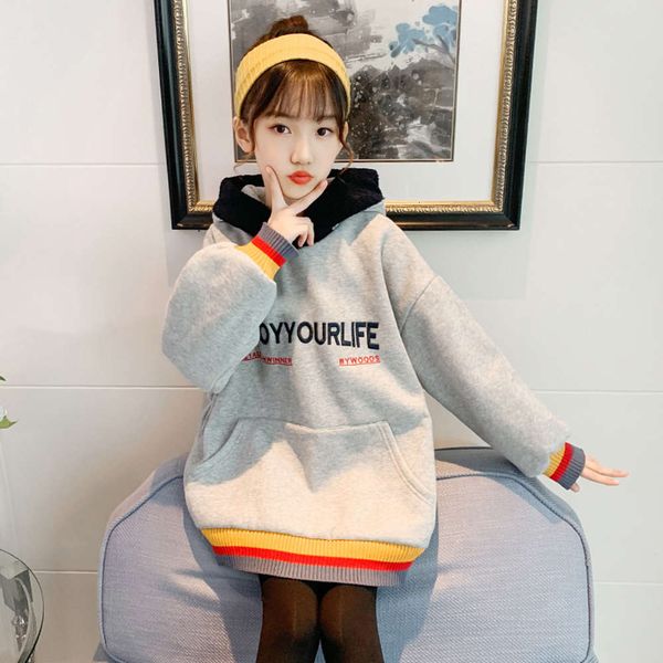 autumn and winter children's medium length girl's plush hooded sweater, Black
autumn and winter children's medium length girl's plush hooded sweater, Black