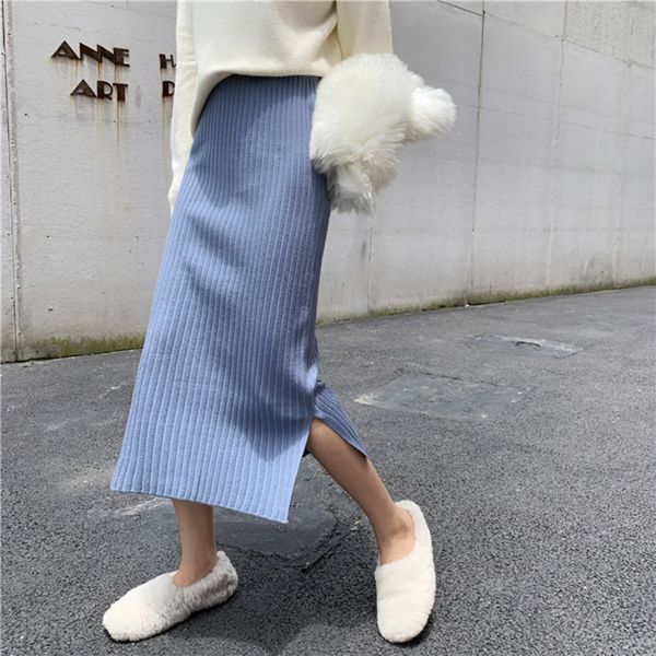 simple elastic waist knit skirt women chic split all-match solid color midi casual skirt winter autumn blue black faldas mujer q1209
simple elastic waist knit skirt women chic split all-match solid color midi casual skirt winter autumn blue black faldas mujer q1209