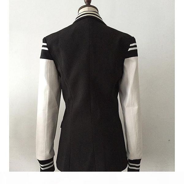 fashion blazer women's leather patchwork double breasted blazer classic varsity jacket, White;black
fashion blazer women's leather patchwork double breasted blazer classic varsity jacket, White;black