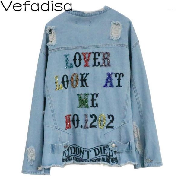 vefadisa blue sequin letter denim coat hole women jacket 2020 autumn o-neck embroidery print denim jacket streetwear qyf32521, Black;brown 
vefadisa blue sequin letter denim coat hole women jacket 2020 autumn o-neck embroidery print denim jacket streetwear qyf32521, Black;brown