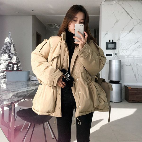women korea solid winter cotton parka cord thin waist oversize jacket outerwear pocket kgrq, Black
women korea solid winter cotton parka cord thin waist oversize jacket outerwear pocket kgrq, Black