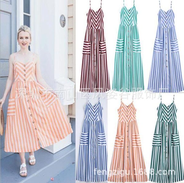 striped sling summer bohemian backless button dress 6 colors 4, Black;gray 
striped sling summer bohemian backless button dress 6 colors 4, Black;gray