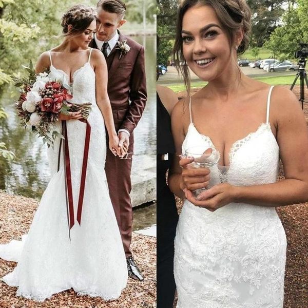 2021 country mermaid wedding dresses spaghetti straps lace applique backless sweep train custom made wedding gown vestido de novia, White
2021 country mermaid wedding dresses spaghetti straps lace applique backless sweep train custom made wedding gown vestido de novia, White