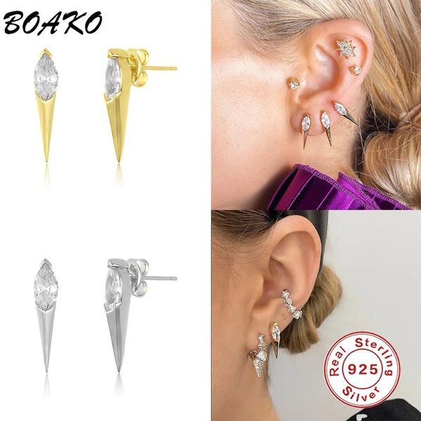 

stud boako 925 sterling silver gold single zircon earrings punk rock personality spike rivet sharp cone taper mem women, Golden;silver