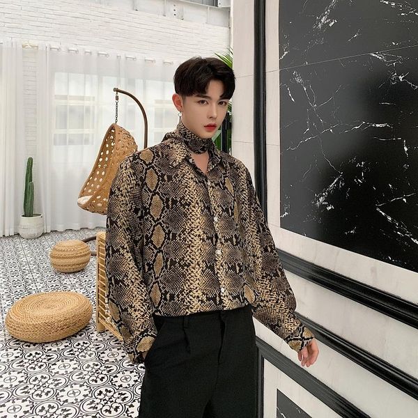 men snake pattern casual long sleeve tie shirt male vintage fashion loose dress shirts party stage clothes, White;black 
men snake pattern casual long sleeve tie shirt male vintage fashion loose dress shirts party stage clothes, White;black