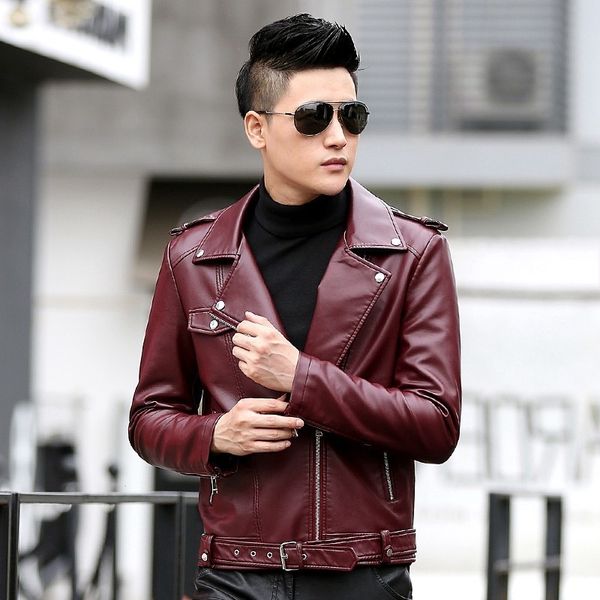 

men's popular handsome pu jacket punk new turn-down collar leather jackets zipper men chupas de cuero hombre, Black;brown