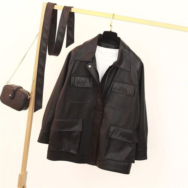 women's leather & faux locomotive jacket pu loose bf retro medium-length with belt, Black
women's leather & faux locomotive jacket pu loose bf retro medium-length with belt, Black