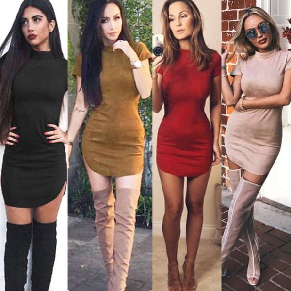 6215 4 color suede short sve small high collar tight drs women's wear, Black;gray 
6215 4 color suede short sve small high collar tight drs women's wear, Black;gray