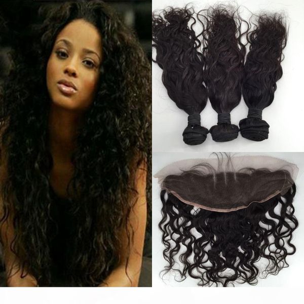 13x4 lace frontal with bundles, natural wave virgin hair bundles with frontal closure 3 bundles with frontal closure, Black