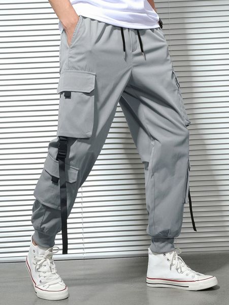 men flap pocket buckled drawstring waist cargo pants t30y#, Black