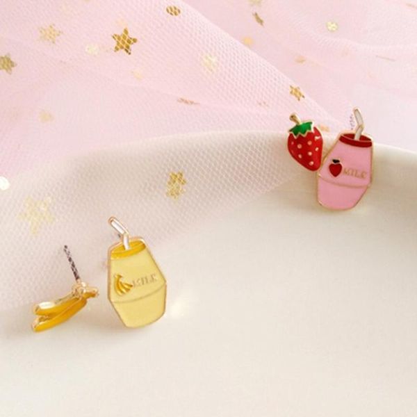 

female mini stud earrings asymmetric banana milk stud earrings cute romantic strawberry milk for women banquet jewelry, Golden;silver