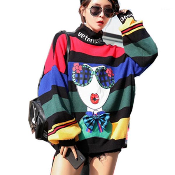 autumn turtleneck rainbow stripes sweaters women streetwear miss print knitted pullovers ladies bow-knot loose jumper 1, White;black 
autumn turtleneck rainbow stripes sweaters women streetwear miss print knitted pullovers ladies bow-knot loose jumper 1, White;black