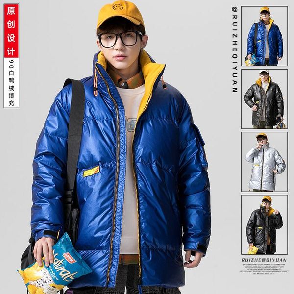 men's medium length bright face down jacket men's loose stand collar thickened winter japanese white duck down coat, Black
men's medium length bright face down jacket men's loose stand collar thickened winter japanese white duck down coat, Black