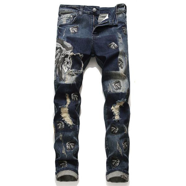 men's indian skull embroidery holes jeans slim straight jeans blue stretch cotton denim ripped patch fashion pants male clothing q0105, Black;white
men's indian skull embroidery holes jeans slim straight jeans blue stretch cotton denim ripped patch fashion pants male clothing q0105, Black;white